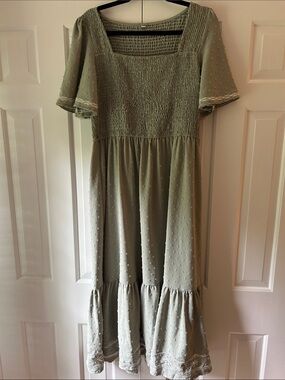 Light Sage Smocked Square Neck Midi Dress